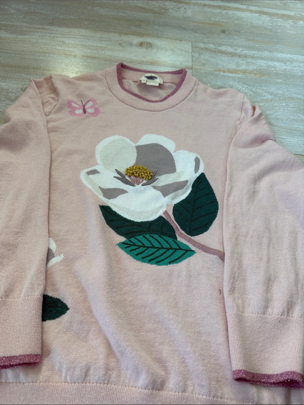 kate spade Pink Floral Crewneck Sweater with Butterfly Detail